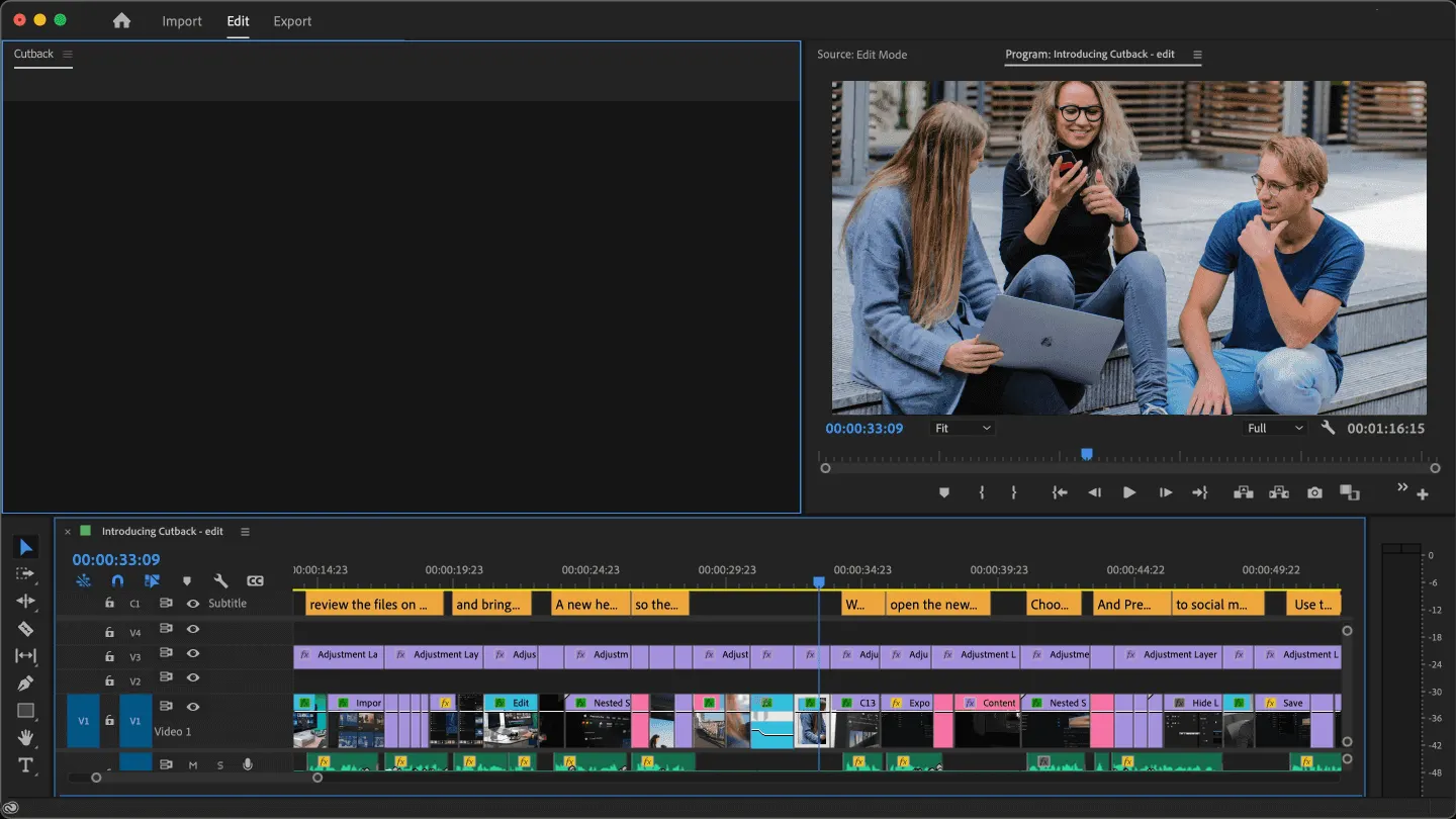 Interface du plugin Cutback pour Adobe Premiere Pro