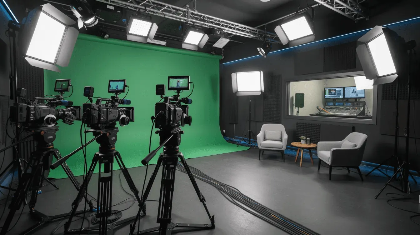 Studio de production vidéo professionnel équipé de caméras modernes et d'éclairages sophistiqués, environnement dédié à la création de contenu audiovisuel