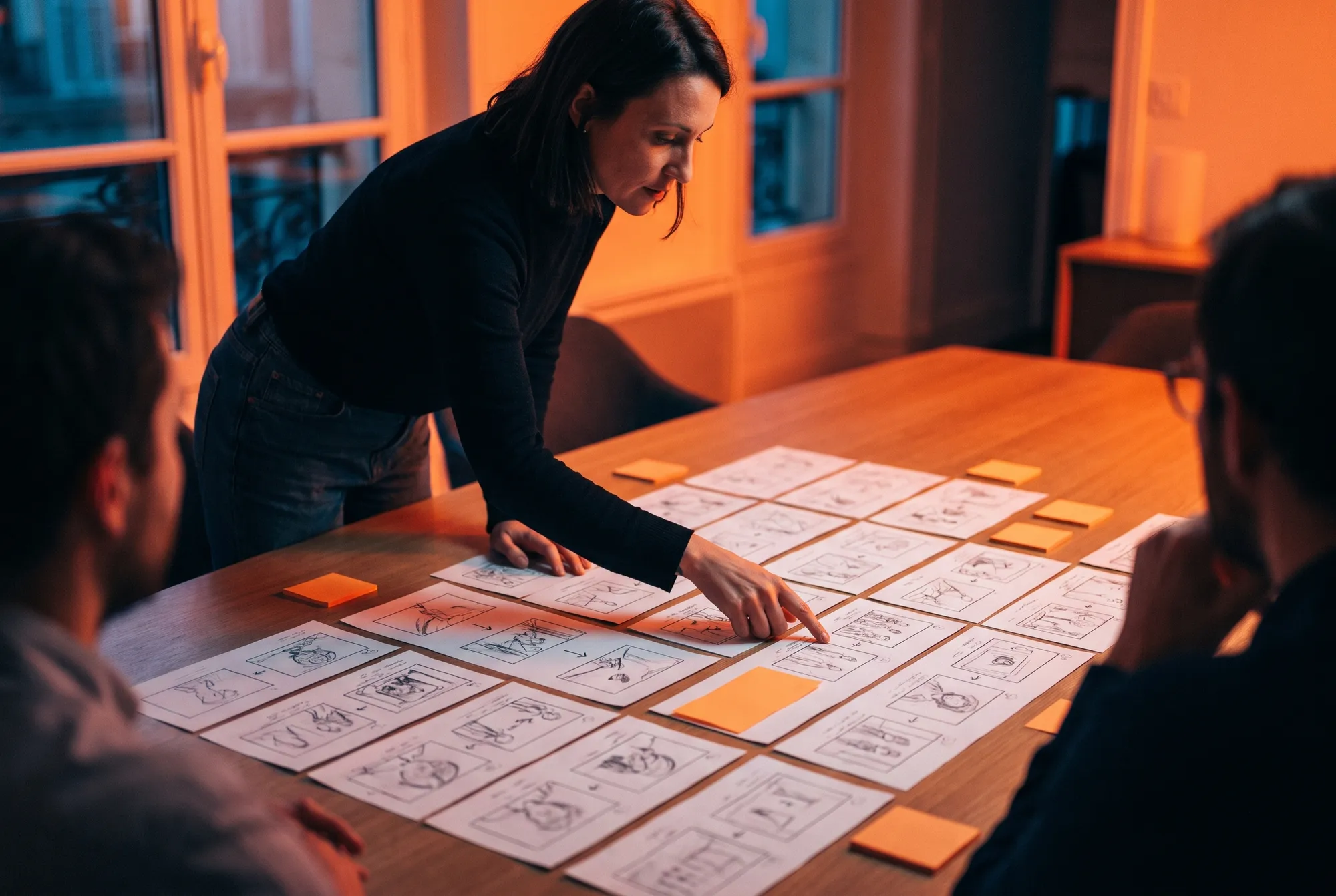 Atelier créatif en salle de réunion : une femme déplace des planches de storyboard étalées sur la table devant ses collègues