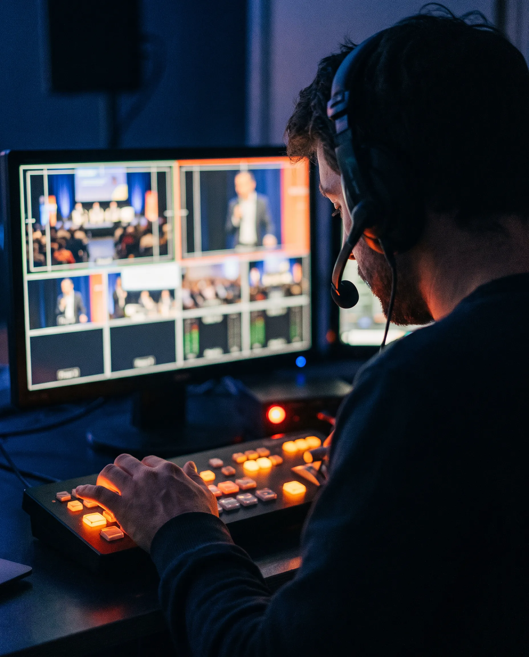 Opérateur de régie vu de dos, casque-micro sur la tête, qui enchaîne les plans sur un mélangeur vidéo face au multiview