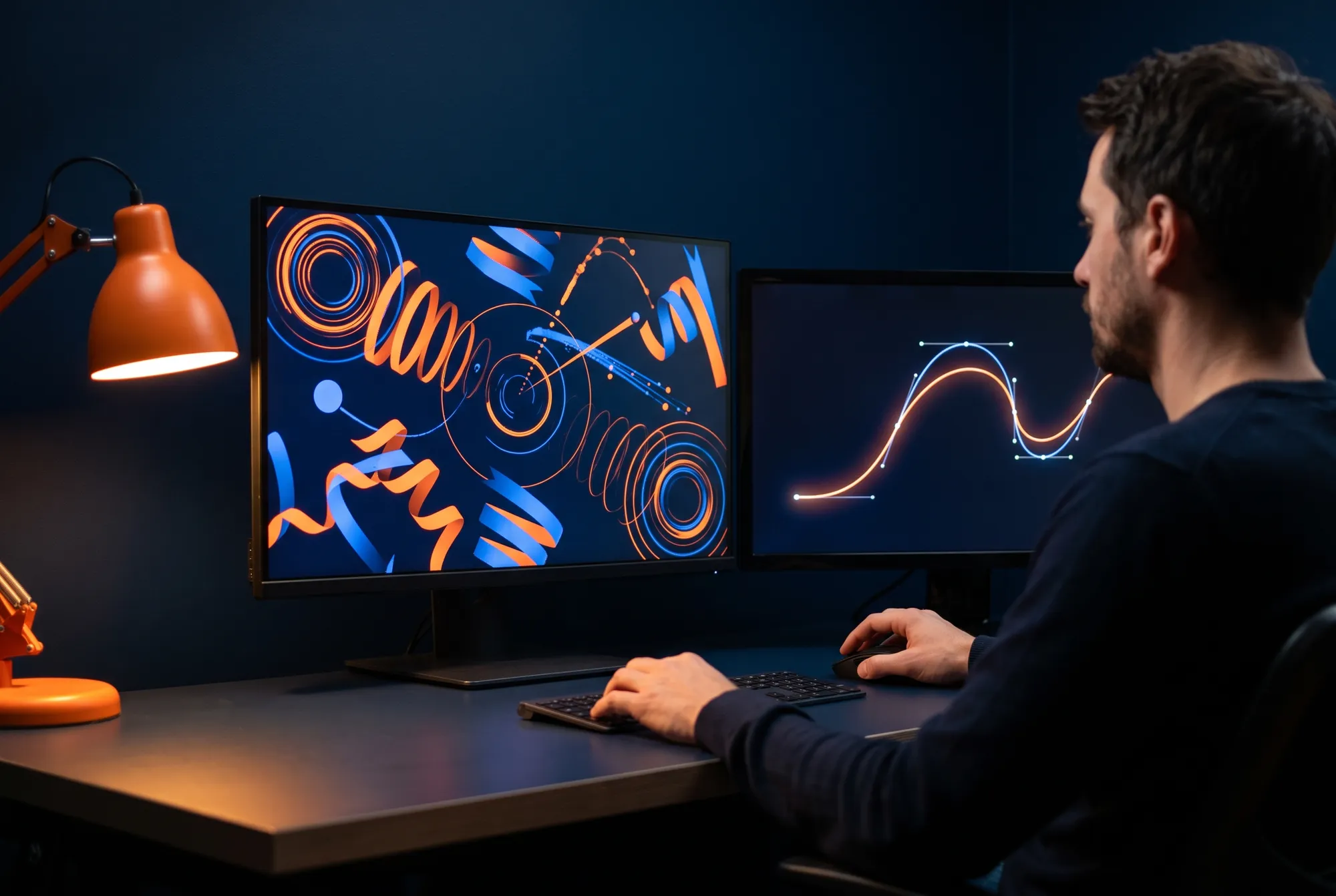 Motion designer ajustant des courbes d’animation à la souris, une animation de rubans et de cercles orange et bleus à l’écran