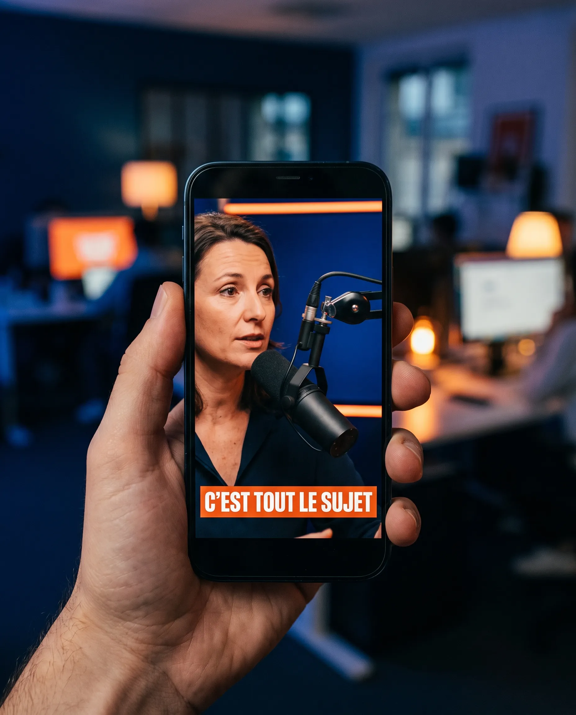 Smartphone tenu en portrait qui lit un extrait vertical sous-titré d'un podcast : une invitée parle au micro