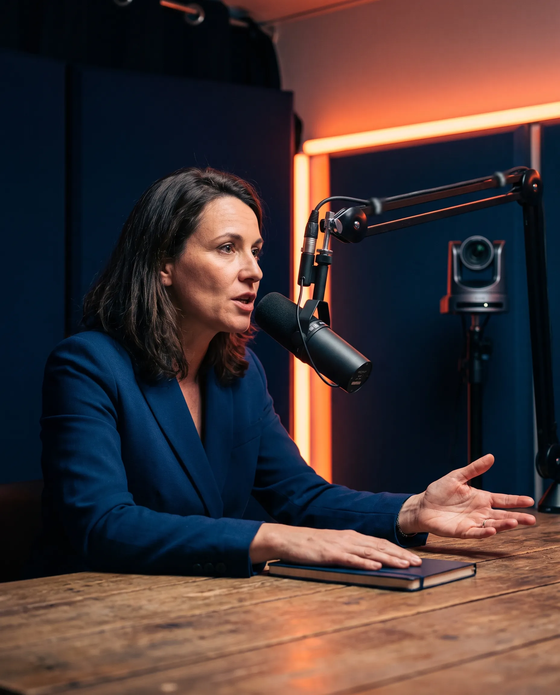Invitée de podcast qui parle avec conviction devant un micro broadcast sur bras articulé, une main posée sur un carnet, studio mobile derrière elle