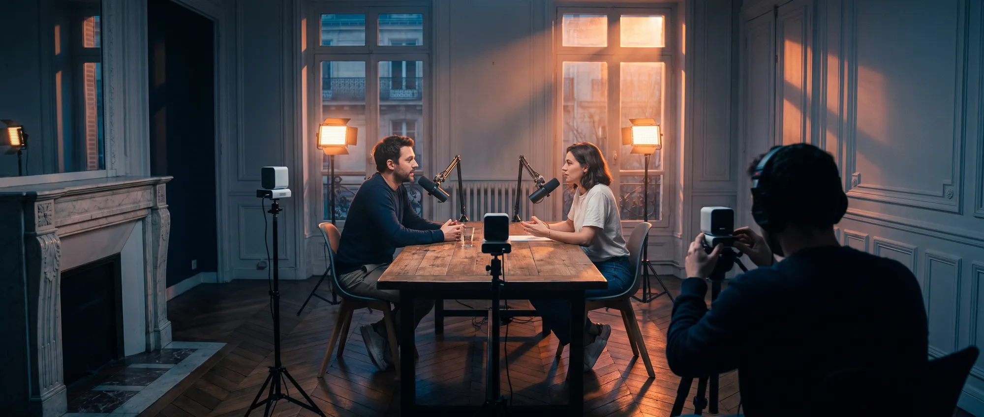Studio podcast mobile installé dans une salle de réunion haussmannienne : deux intervenants, caméras PTZ et panneaux LED