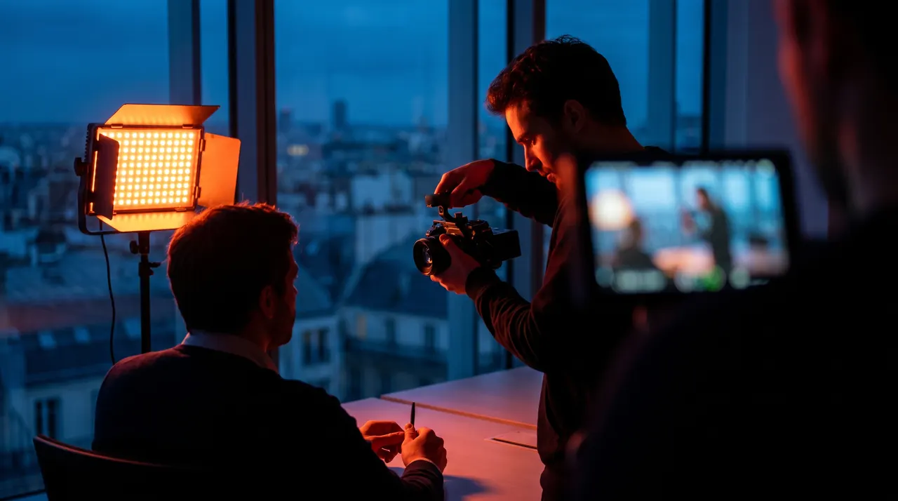 Vidéaste cadrant un dirigeant au crépuscule dans un bureau en hauteur, éclairé par un panneau LED orange