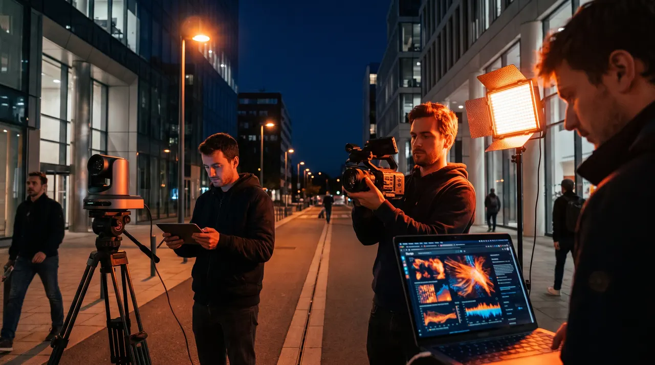 Équipe de tournage réduite en ville à la tombée de la nuit, lumière orange sur fond bleu nuit