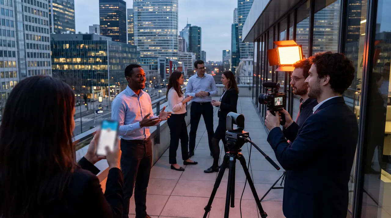 Collaborateurs filmés sur une terrasse de bureaux au crépuscule par une petite équipe vidéo, pour des contenus à partager sur LinkedIn