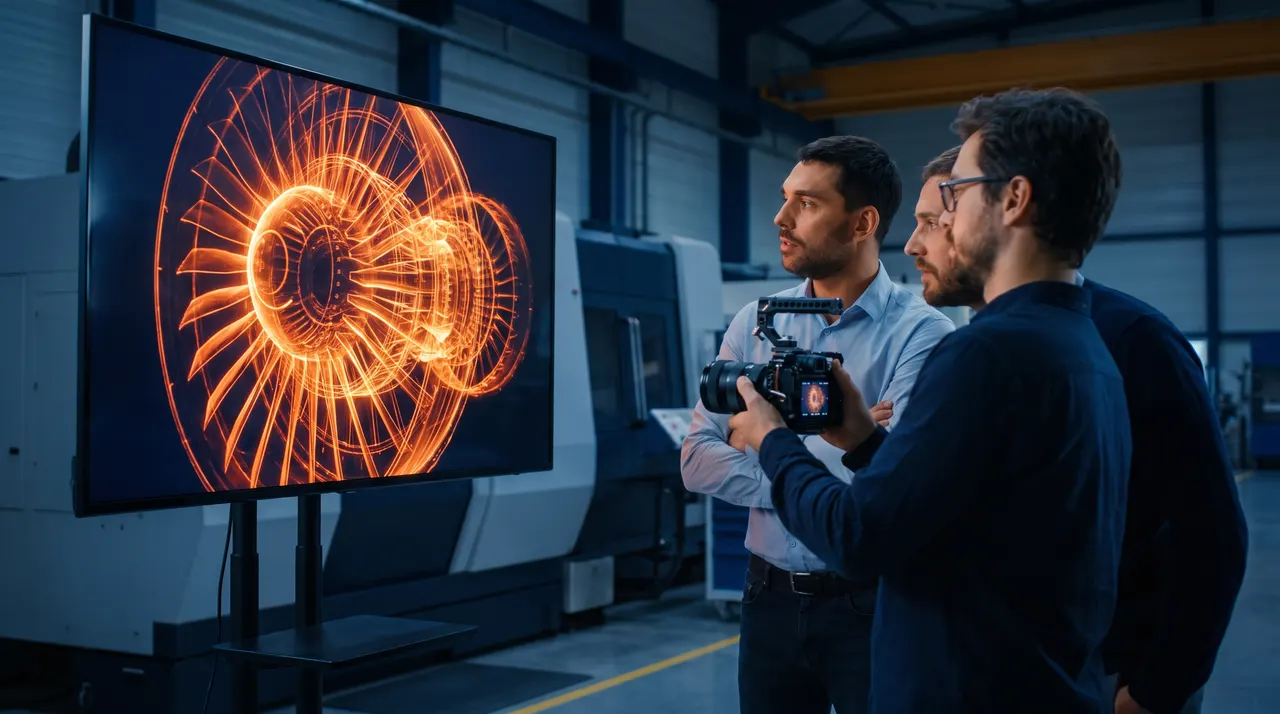 Équipe de tournage devant un écran affichant la vue 3D d'une turbine dans un atelier industriel