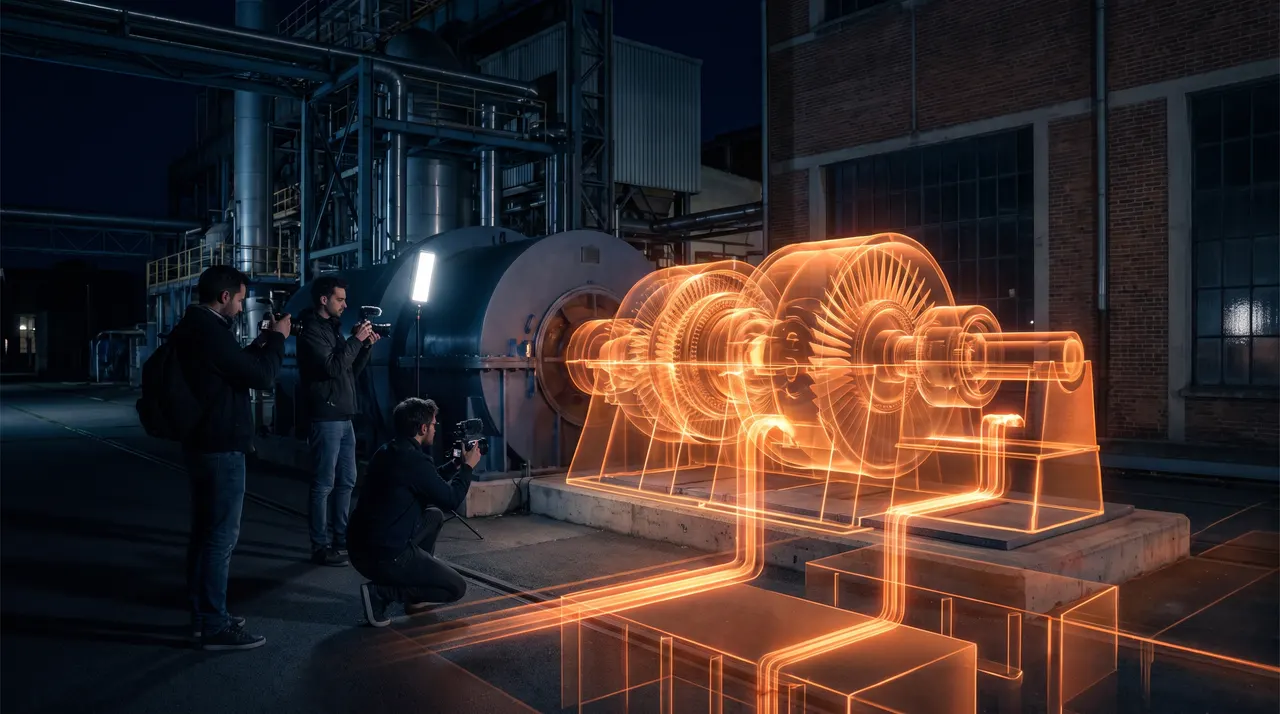 Vue éclatée 3D d'une turbine industrielle en lumière orange, filmée par une petite équipe dans une usine de nuit
