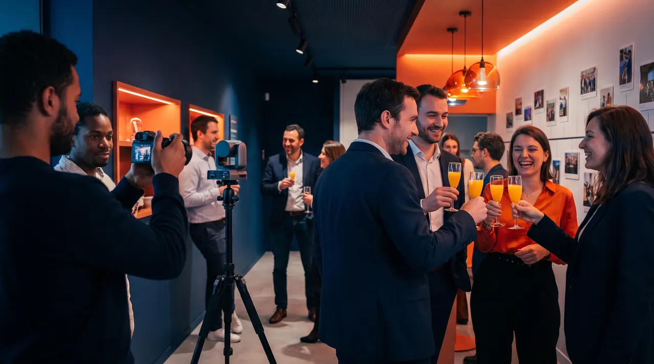 Collaborateurs trinquant devant un mur de photos d'archives pendant qu'un opérateur filme la soirée anniversaire, lumière orange et bleu nuit