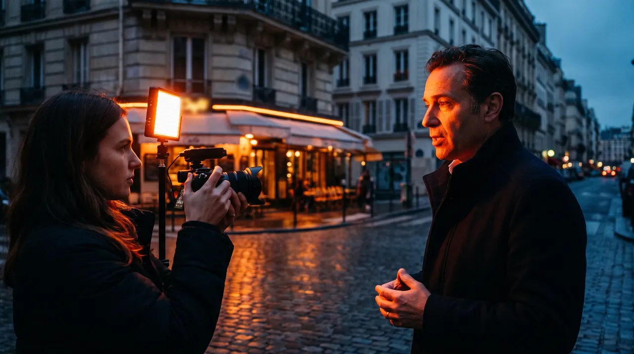 Apparaître dans ChatGPT : vidéaste filmant un expert dans une rue parisienne à la tombée de la nuit