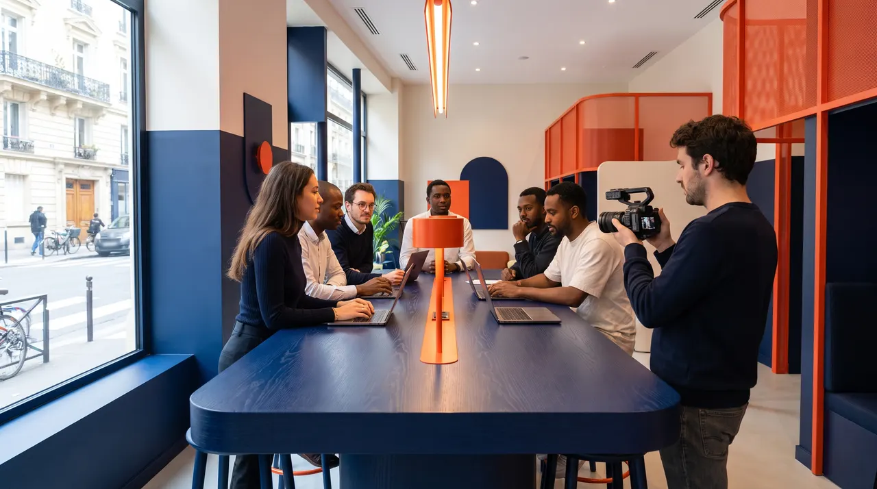 Équipe réunie autour d'une grande table bleu nuit dans des bureaux parisiens aux couleurs marine et orange, filmée par un vidéaste