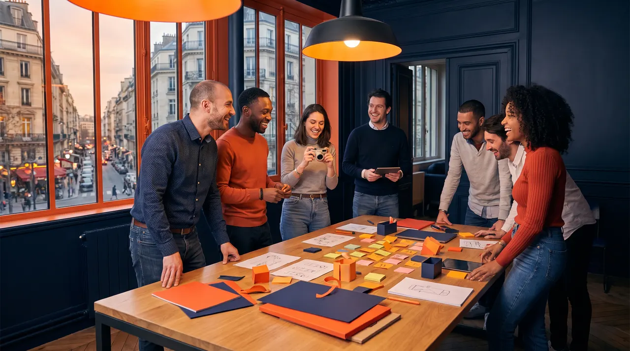 Équipe de communication en atelier de créativité autour d'un storyboard, lumière orange et ombres bleu nuit