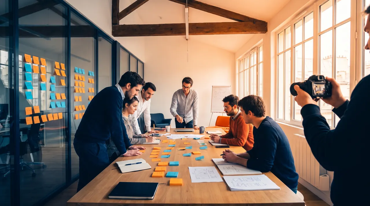 Équipe marketing réunie autour d'une table couverte de notes et de croquis pendant un atelier d'idéation