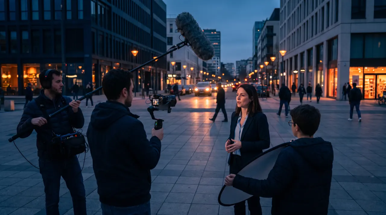 Petite équipe de tournage avec perche et caméra sur stabilisateur interviewant une dirigeante sur une esplanade au crépuscule