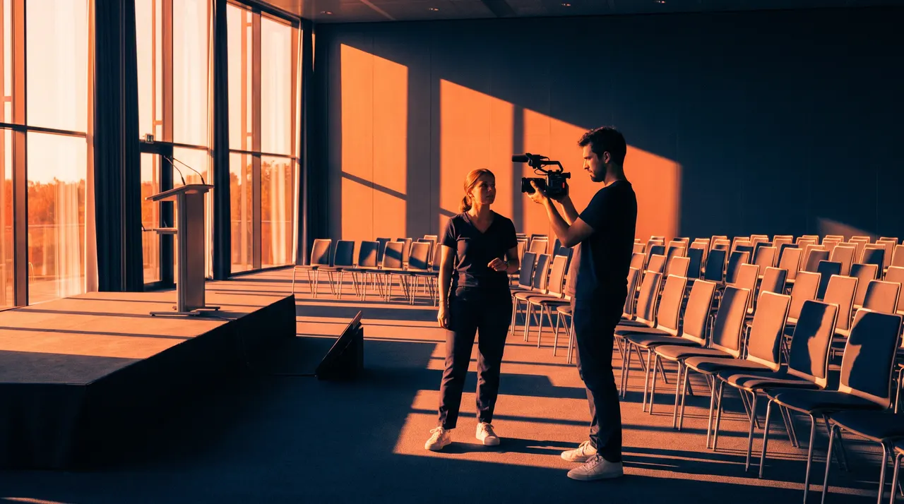 Responsable événementiel et technicien vidéo en repérage dans une salle de séminaire vide baignée de lumière d'été orangée