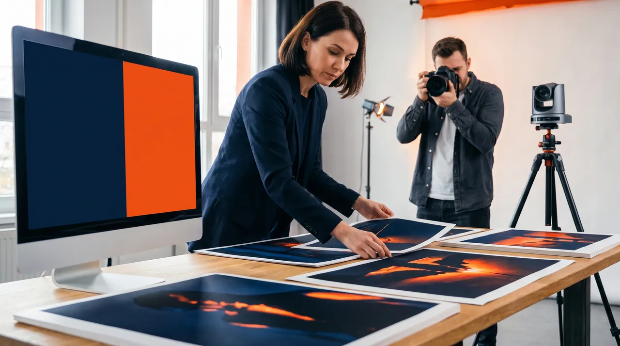 Directrice artistique disposant des tirages photo sur une table de studio, à côté d'un écran bleu nuit et orange, avec un photographe et une caméra PTZ en arrière-plan