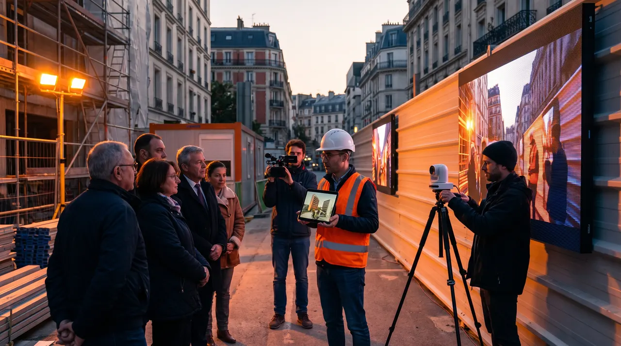 Riverains et élus devant une palissade de chantier équipée d'écrans, un chef de chantier montre l'avancement sur tablette pendant un tournage