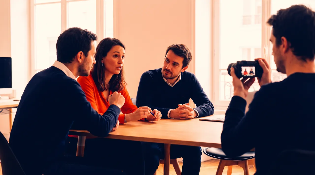 Collaborateurs qui échangent autour d'une table pendant le tournage d'un témoignage sur la qualité de vie au travail