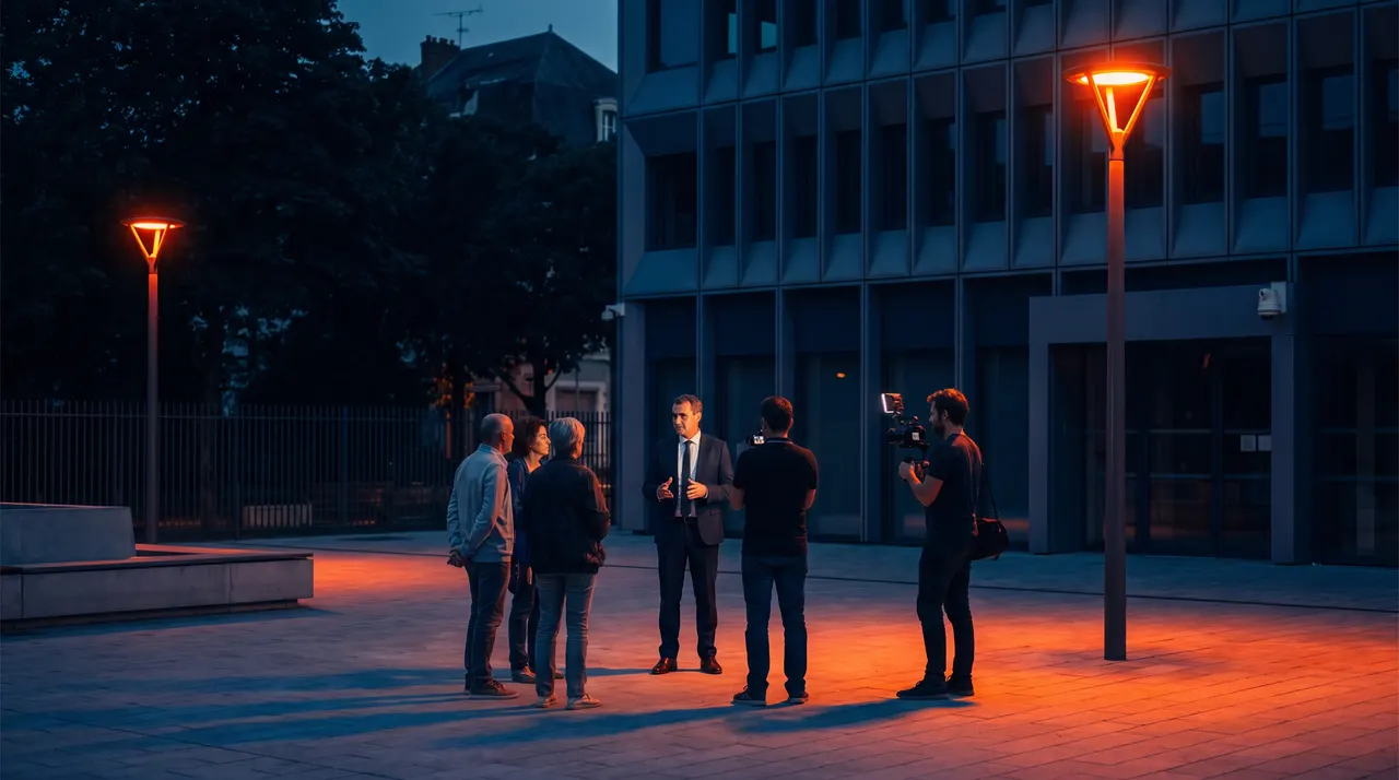 Un élu échange avec des habitants sur une place publique au crépuscule, filmé par deux vidéastes équipés de caméras compactes