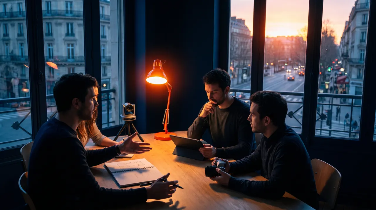 Séance de travail où une équipe créative confronte un concept à un regard extérieur avant la production