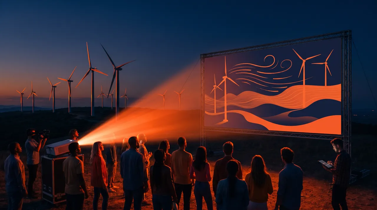 Riverains réunis au crépuscule devant un écran projetant une animation d'éoliennes, près d'un parc éolien