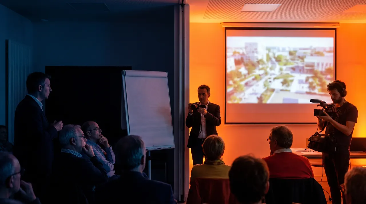 Réunion publique dans une salle municipale : un projet d'aménagement projeté à l'écran, des habitants attentifs et une petite équipe qui filme