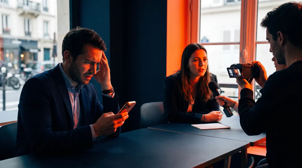 Un cadre perplexe devant son fil d'actualité sur smartphone pendant qu'une collègue est filmée en interview à la caméra compacte, lumière orange et bleu nuit