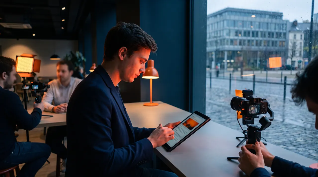 Candidat qui lit un article sur une tablette pendant qu'une petite équipe filme des portraits de salariés dans un espace de travail