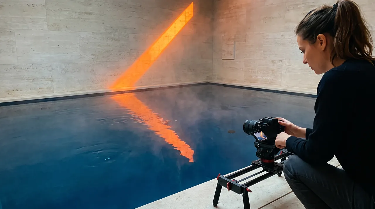 Une vidéaste filme la surface d’une piscine intérieure de spa avec une caméra sur slider, un rai de lumière orange sur la pierre