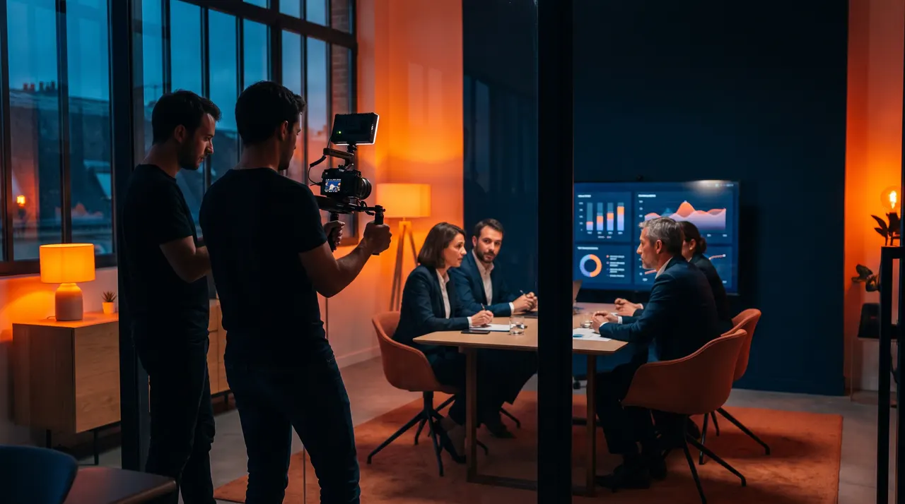Équipe de tournage filmant un comité réuni le soir devant un écran de données, lumière orange et bleu nuit