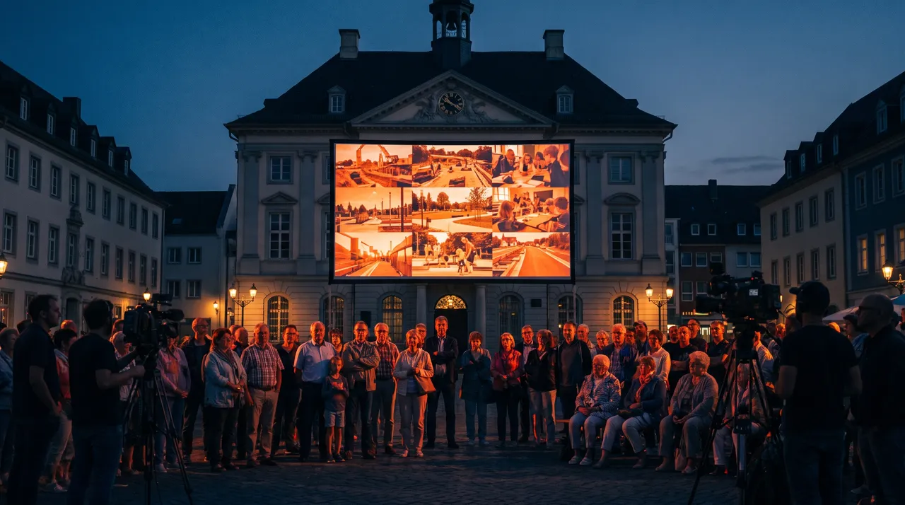 Habitants réunis le soir devant l'hôtel de ville face à un écran de projets municipaux, caméras en tournage