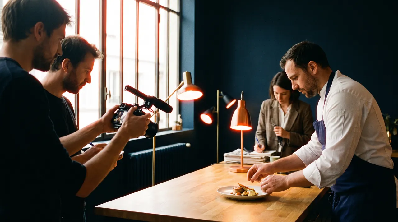 Vidéaste et photographe cadrant un chef qui dresse une assiette pendant qu'une journaliste prend des notes, dans une salle bleu nuit