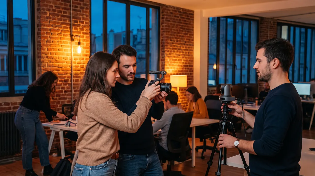 Deux collaborateurs prennent en main une caméra compacte pendant qu'un vidéaste règle une petite caméra PTZ dans un open space