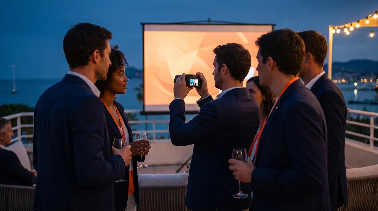 Professionnels de la communication réunis sur une terrasse face à la mer au crépuscule, devant un écran de projection, l'un d'eux filmant avec une caméra compacte