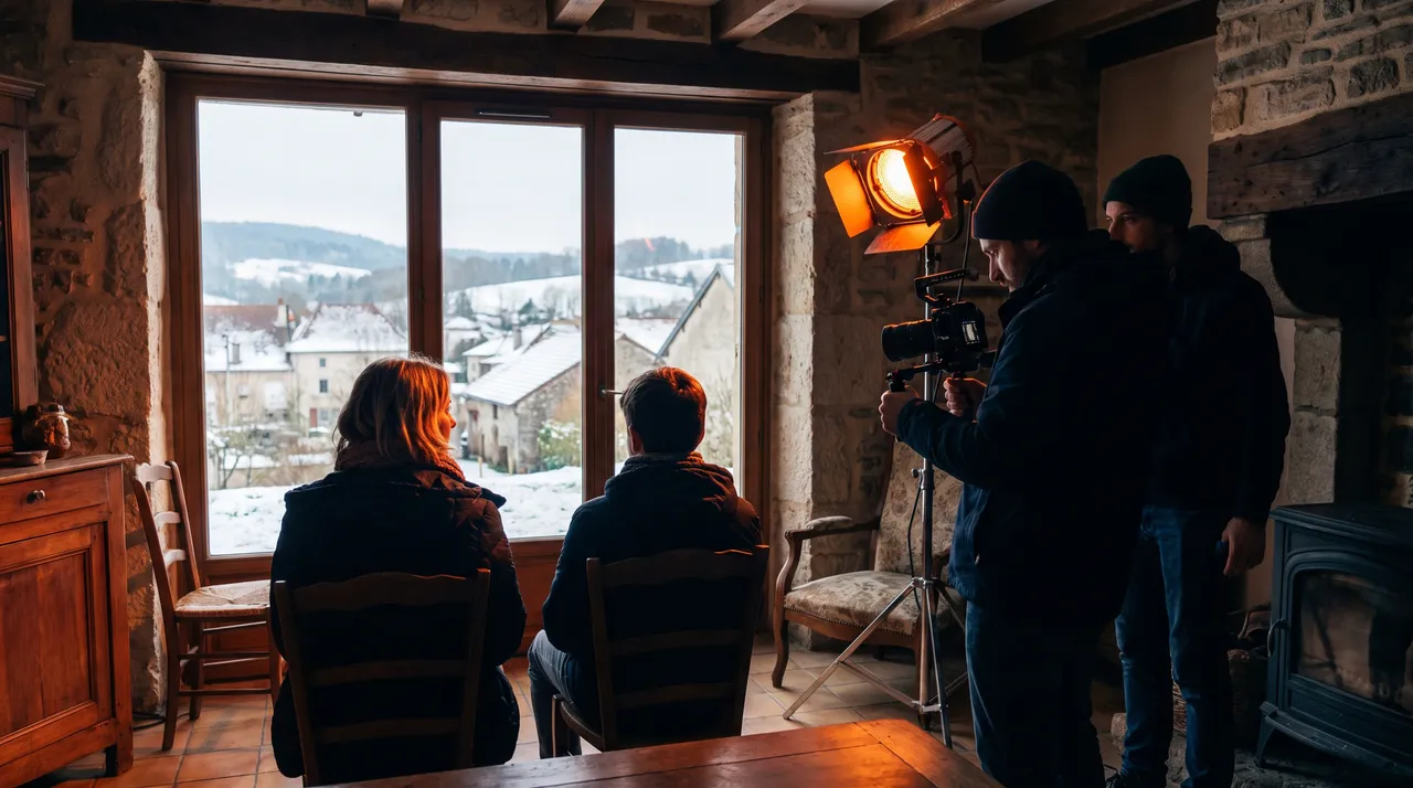 Dans une maison d’accueil en hiver, une éducatrice et un adolescent de dos devant une fenêtre, filmés à contre-jour par une petite équipe