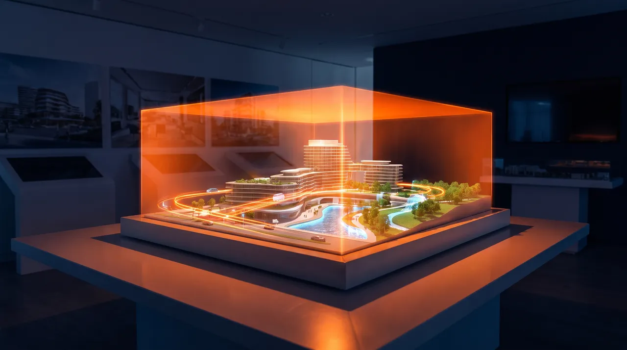 Maquette d'un programme résidentiel sous un volume lumineux orange dans un espace de vente