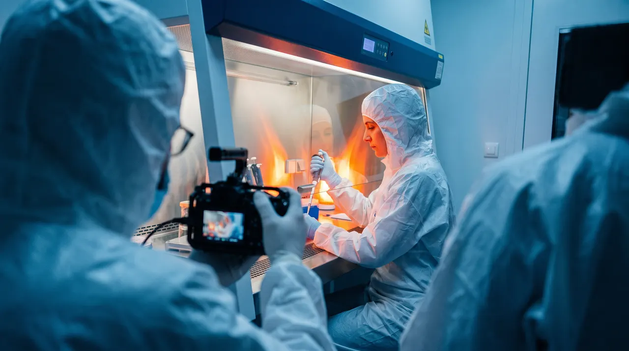 Équipe de tournage en combinaison de salle blanche filmant des chercheurs dans un laboratoire