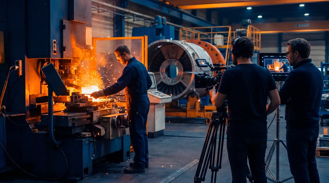 Tournage dans un atelier d’usinage : un opérateur au poste, une équipe vidéo avec caméra sur trépied et moniteur de contrôle