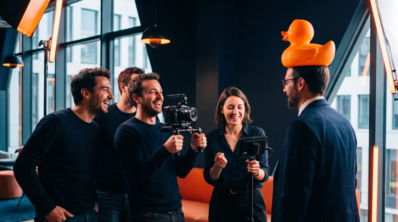 Équipe de tournage hilare autour d'un dirigeant en costume portant un canard orange sur la tête, dans des bureaux aux tons bleu nuit