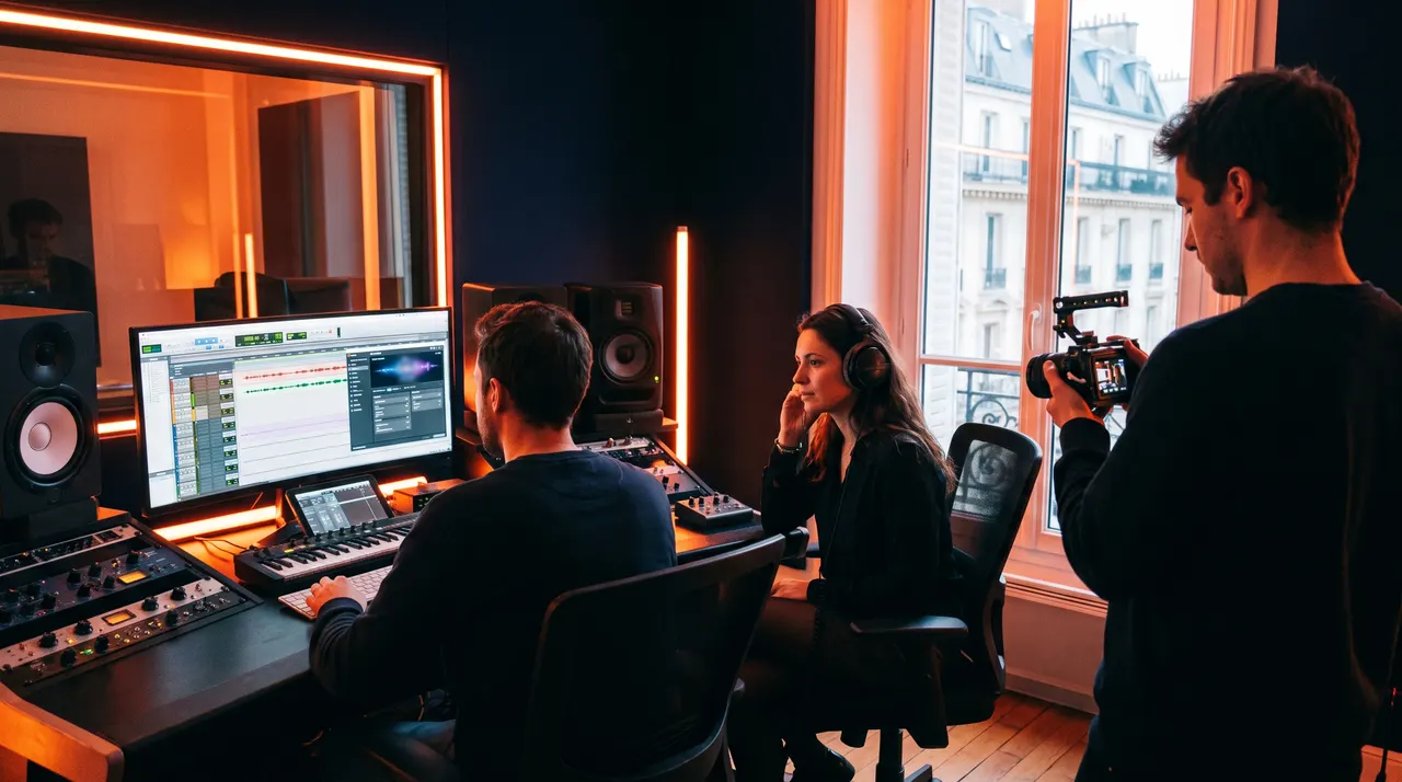 Compositeur au travail dans un studio parisien, une cliente casque sur les oreilles écoute une maquette de logo sonore pendant qu'un vidéaste filme la séance