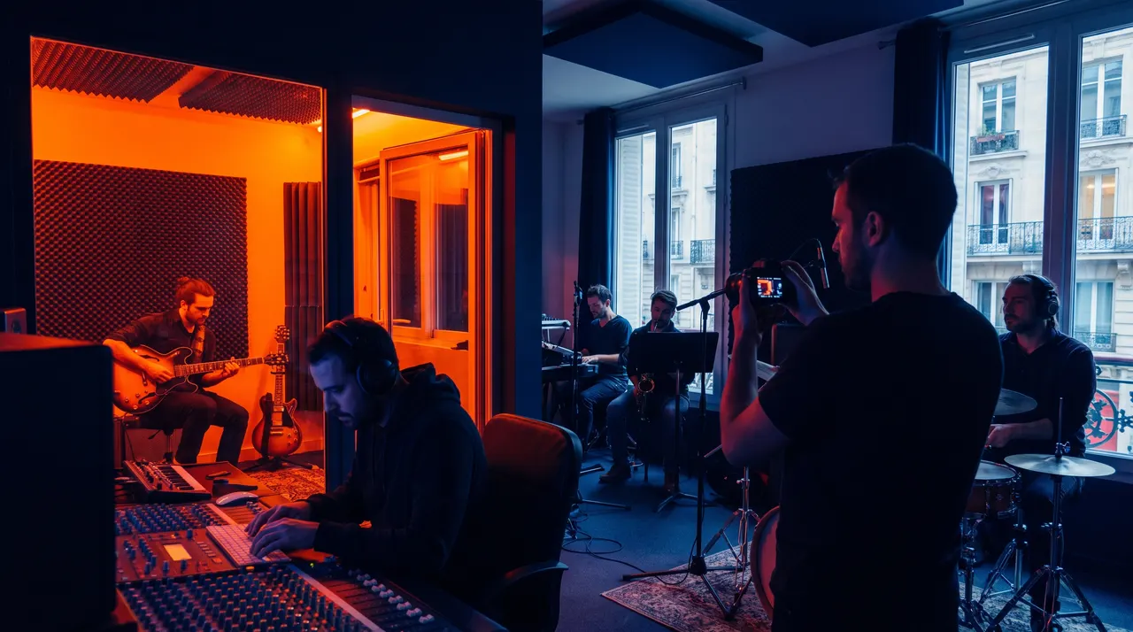 Studio d'enregistrement parisien baigné de lumière orange : un guitariste en cabine, un ingénieur du son à la console et un vidéaste qui filme les musiciens