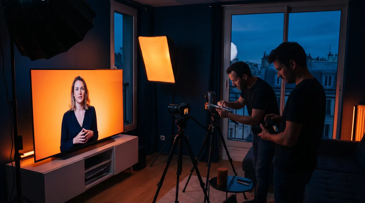 Deux techniciens pilotent une caméra PTZ et un appareil photo hybride dans un appartement parisien, face à un écran où apparaît une intervenante filmée à distance