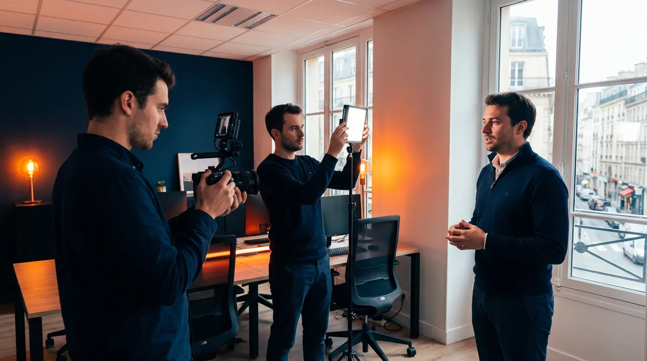 Équipe de tournage légère filmant un dirigeant dans un bureau parisien, entre lumière orange et ombres bleu nuit