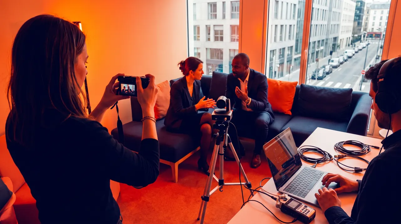 LinkedIn Live entreprise : vidéaste à la caméra compacte, caméra PTZ et régie filmant deux intervenants sur un canapé