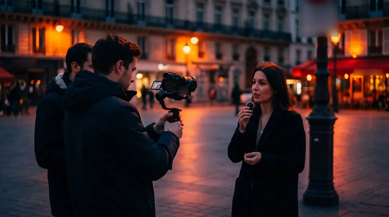 Interview de rue au crépuscule : un vidéaste filme une femme qui parle dans un petit micro, façades parisiennes éclairées en orange