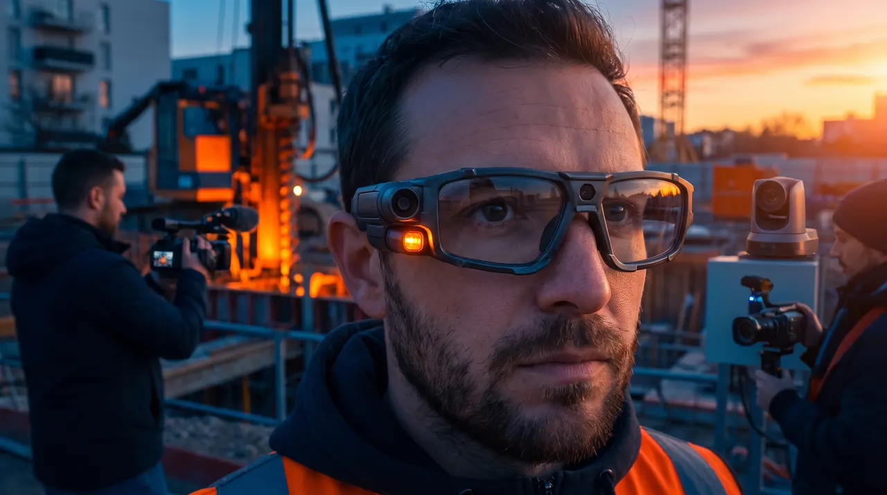 Technicien de chantier portant des lunettes équipées d'une caméra au coucher du soleil, entouré d'une petite équipe vidéo avec caméras compactes