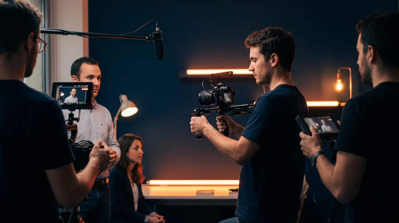 Équipe de tournage en coulisses d'une interview d'entreprise, caméra compacte sur poignées et moniteurs de contrôle, lumière orange sur fond bleu nuit