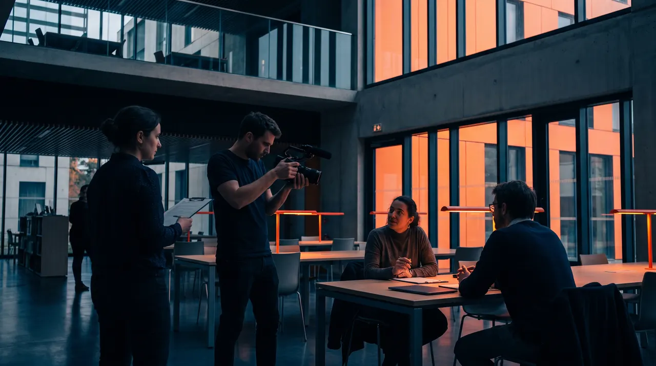 Équipe de tournage filmant un échange entre deux agents dans une médiathèque publique, grandes baies vitrées orangées