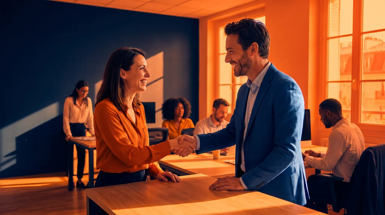 Marketing d'influence B2B : poignée de main entre une experte et un dirigeant dans un bureau baigné de lumière orange
